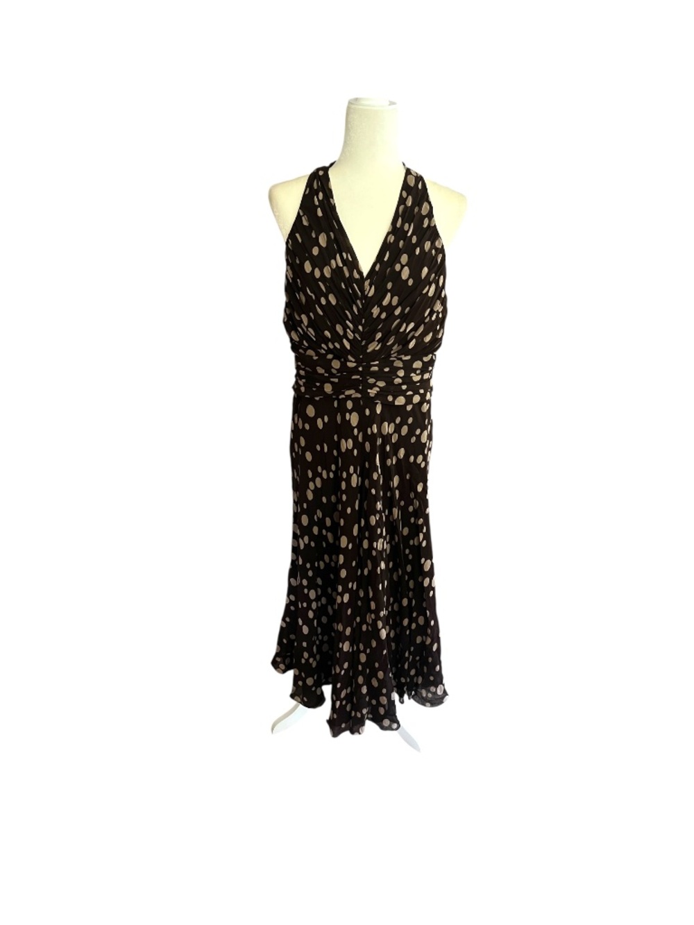 Y2K 100% Silk Brown Polka Dot Ruched Dress Jones New York